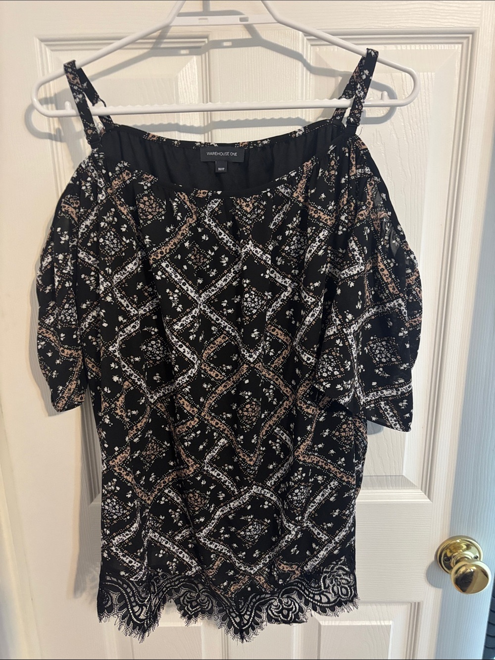 Warehouse Black Printed Cold-Shoulder Tunic with Lace Trim
